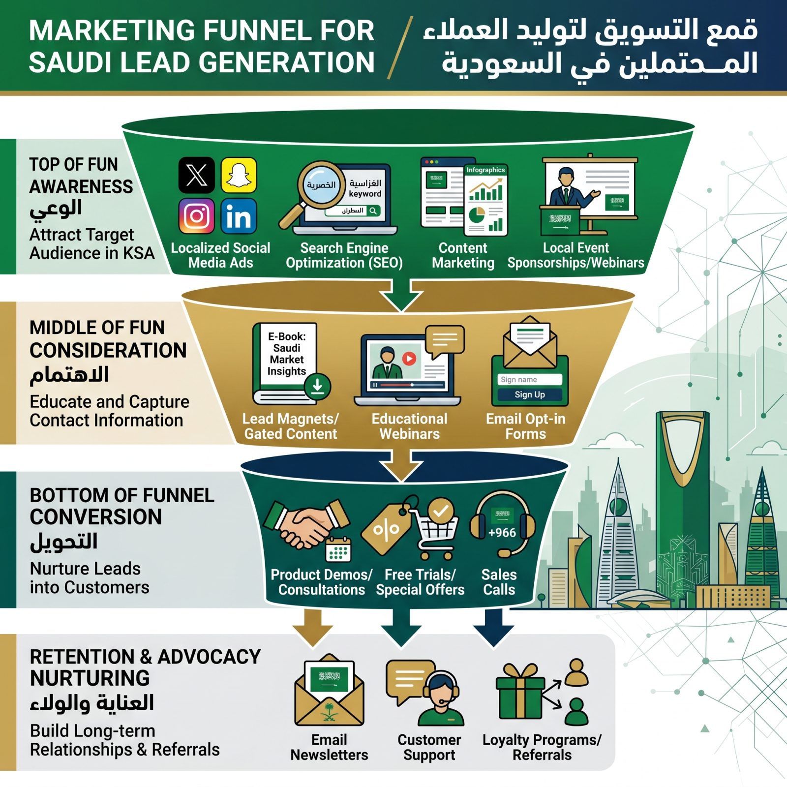 بناء قمع تسويقي لجذب العملاء المحتملين في السعودية